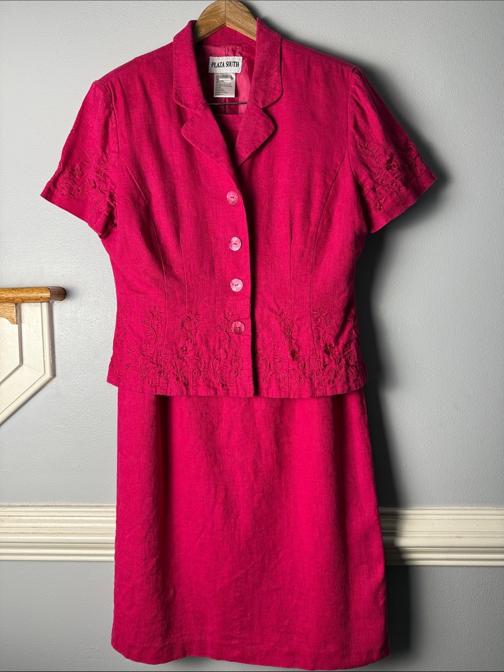Y2k Plaza South Women's Hot Pink Embroidered Skirt Set 50% linen